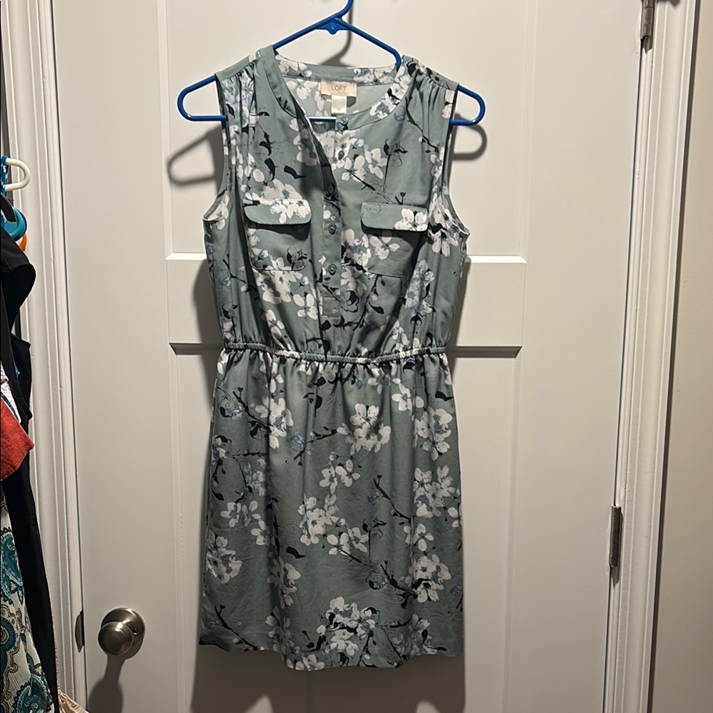 Sleeveless Floral Drawstring Waist Dress - Sage Green